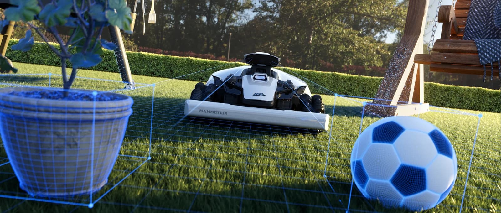 Robot upptäcker ett litet hinder i gräsmattan